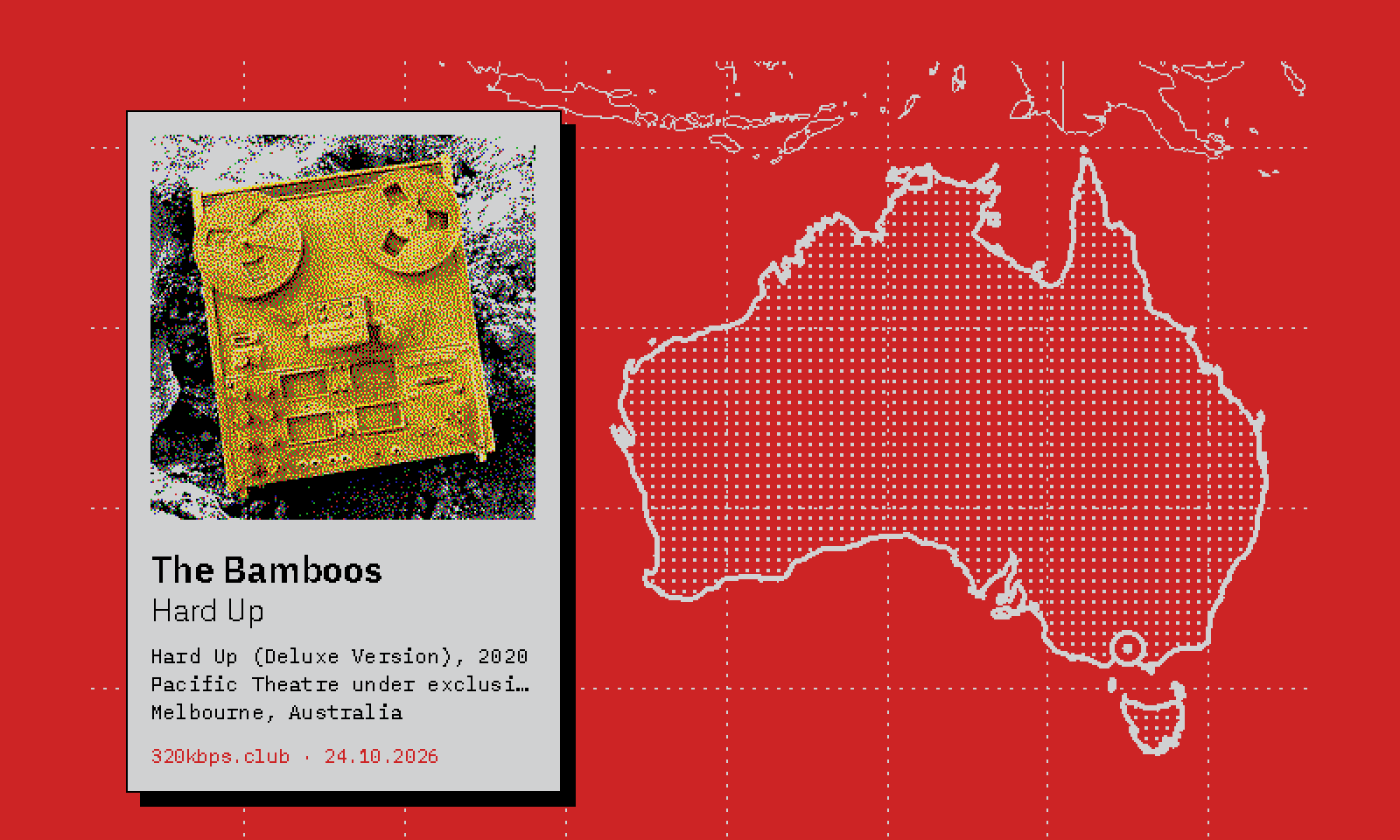 Liner label for The Bamboos — Hard Up, over a map of Melbourne, Australia