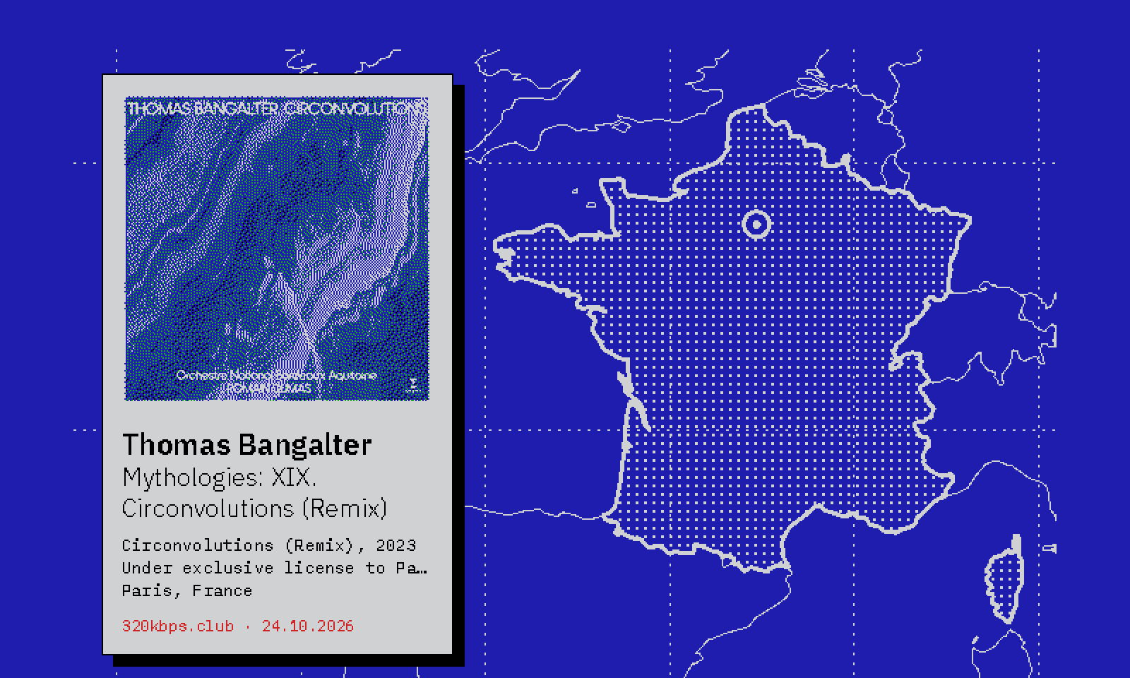 Liner label for Thomas Bangalter — Mythologies: XIX. Circonvolutions (Remix), over a map of Paris, France
